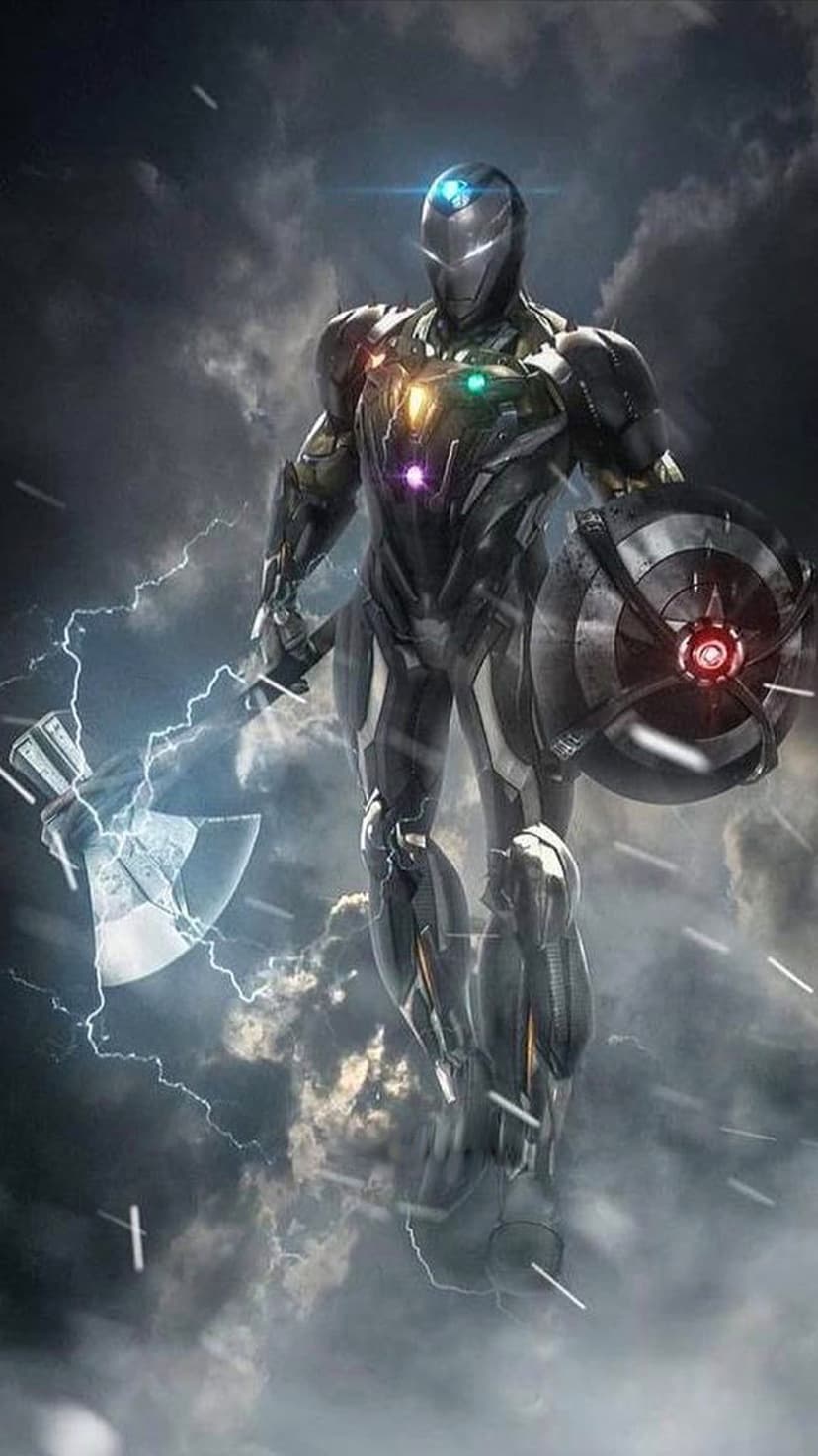 Iron Man holds the Stormbreaker axe and a glowing shield while wearing the Infinity Gauntlet during a storm.