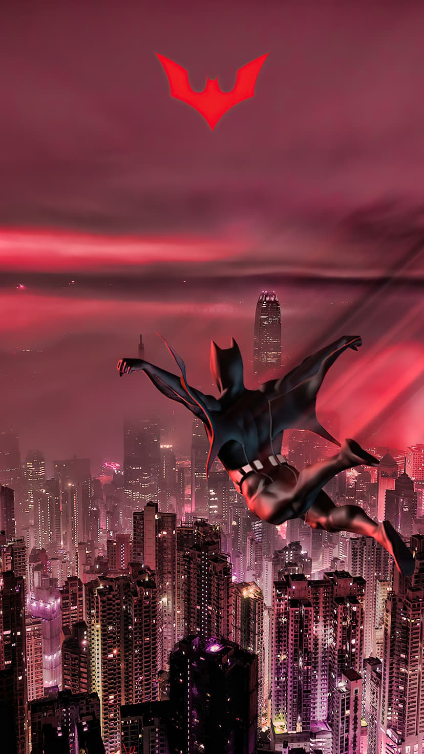Batman Beyond glides over a neon-lit cyberpunk city with red wings spread against a dark crimson twilight sky.