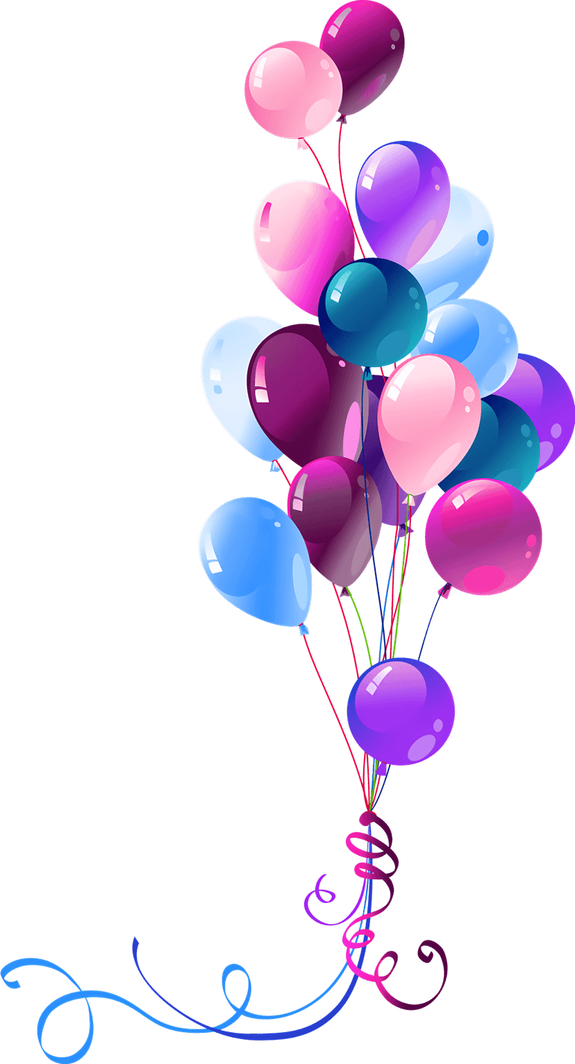 Multicolor glossy balloons in a floating cluster feature specular highlights and realistic 3D textures.