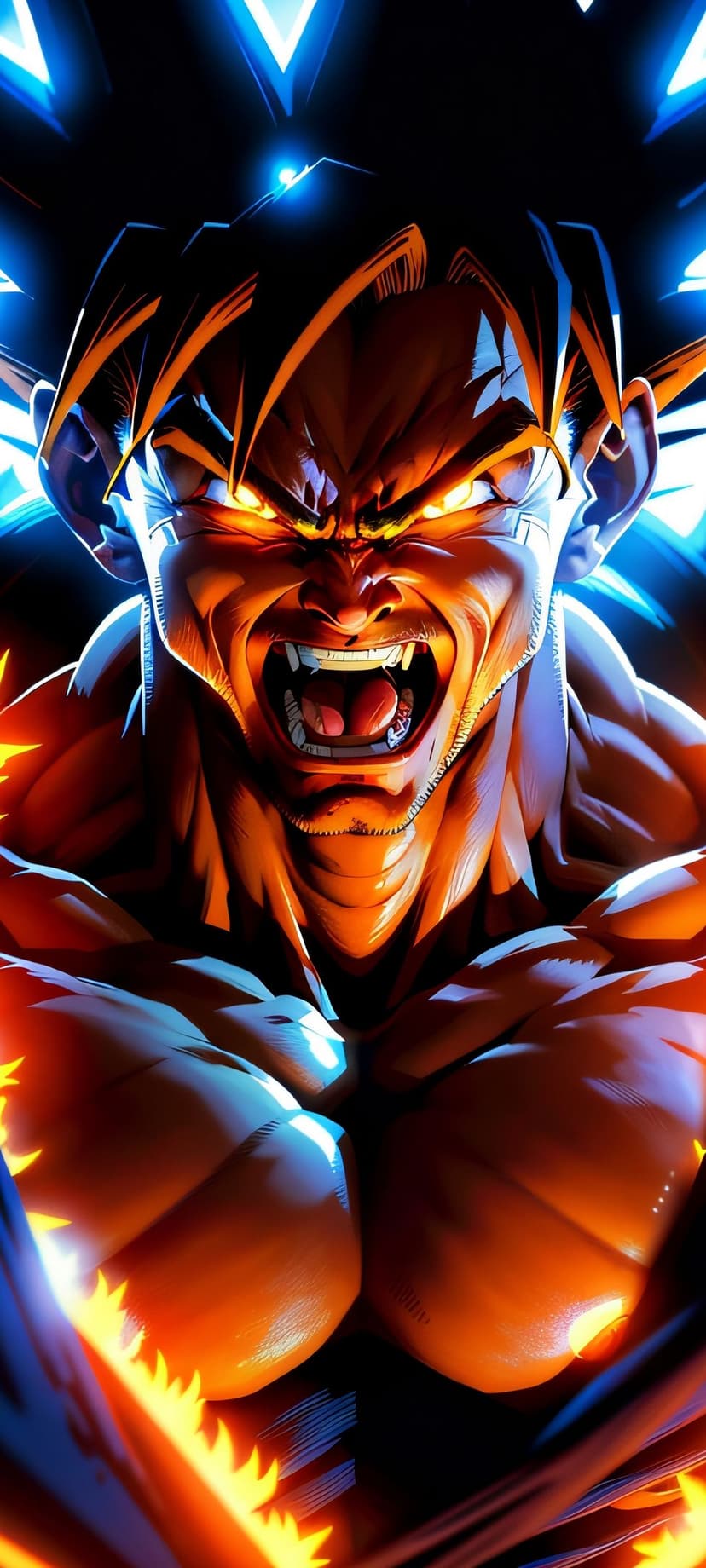 Goku in Ultra Instinct form glows with a silver aura and intense eyes against a dark, energetic background.