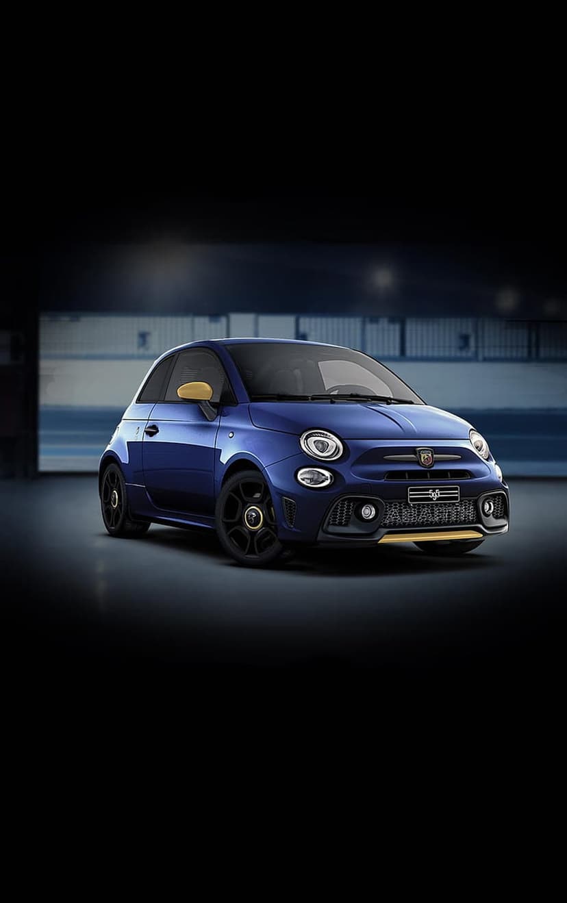 Blue Abarth 595 Competizione electric car with gold accents and an aggressive grille in a dark studio setting.