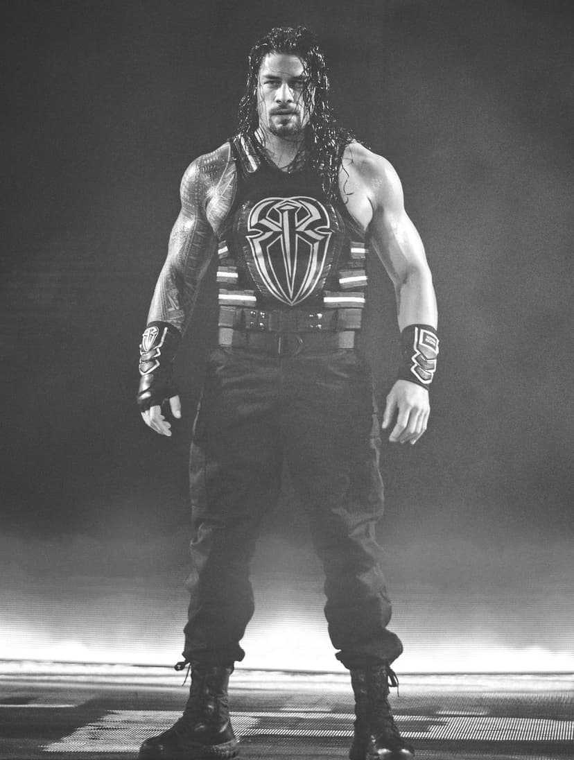 Roman Reigns wears a tactical wrestling vest in a black and white portrait with a misty, dark background.