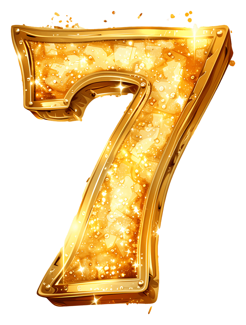 Golden number seven featuring a reflective metallic surface and sharp 3D beveled edges on a transparent background.