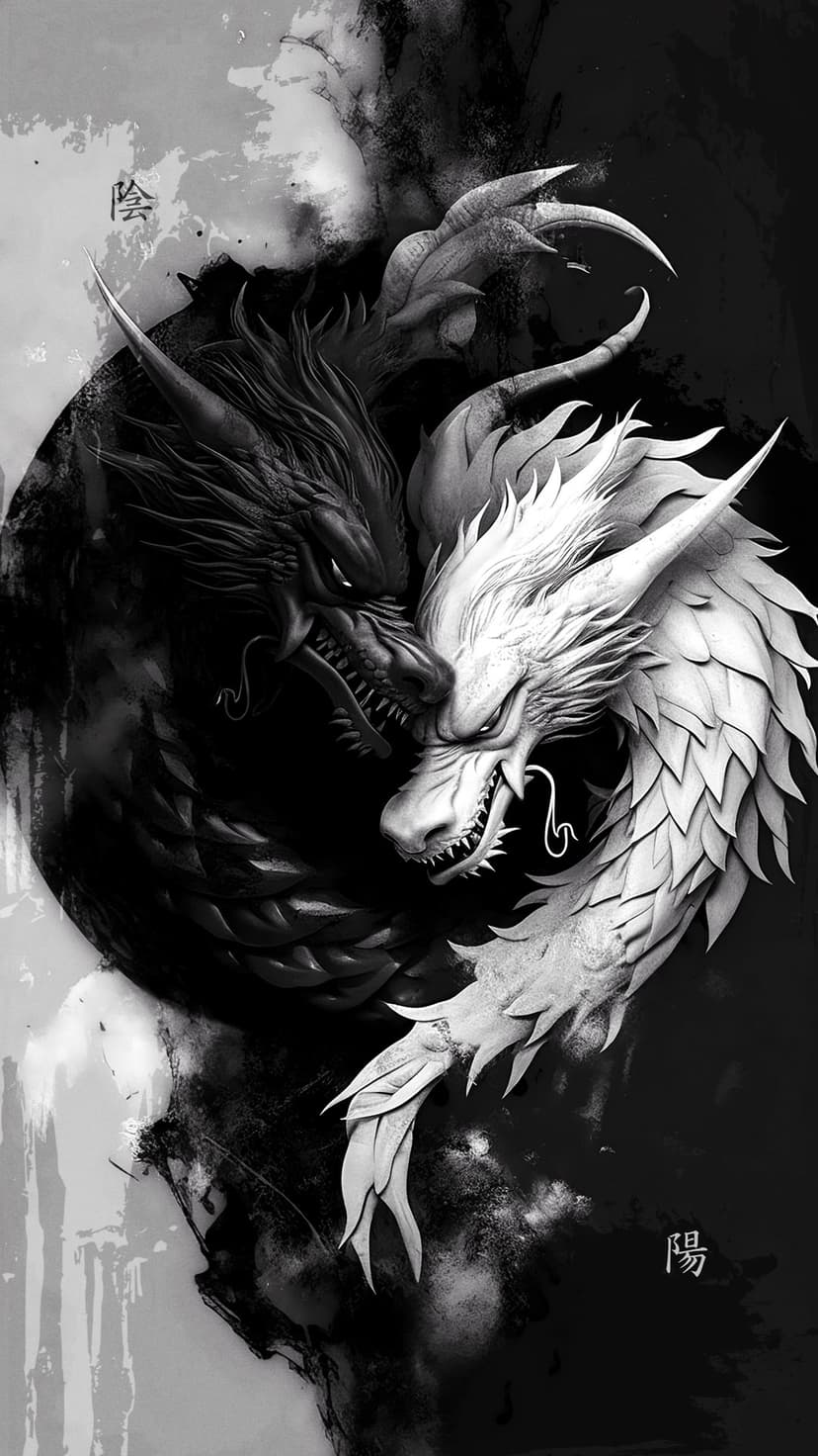 Two intertwining dragons, one black and one white, clash amidst a swirling vortex of energy and cosmic dust.