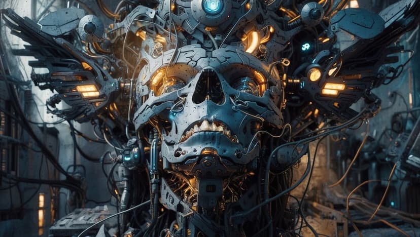 Mechanical skull with exposed wires and glowing orange light sockets against a dark industrial background.