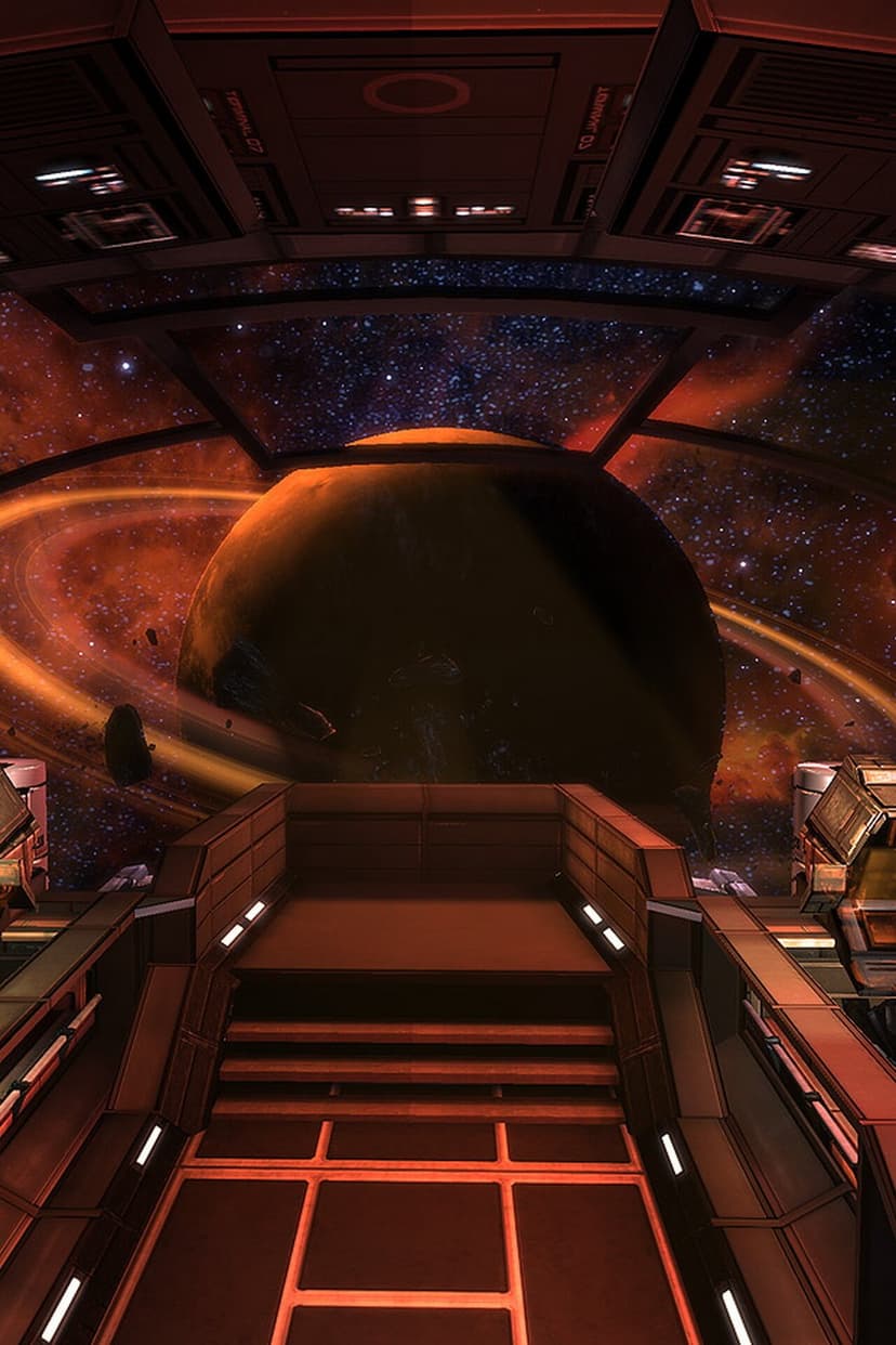 Spaceship cockpit view of a large ringed planet surrounded by an orange nebula and scattered asteroids.