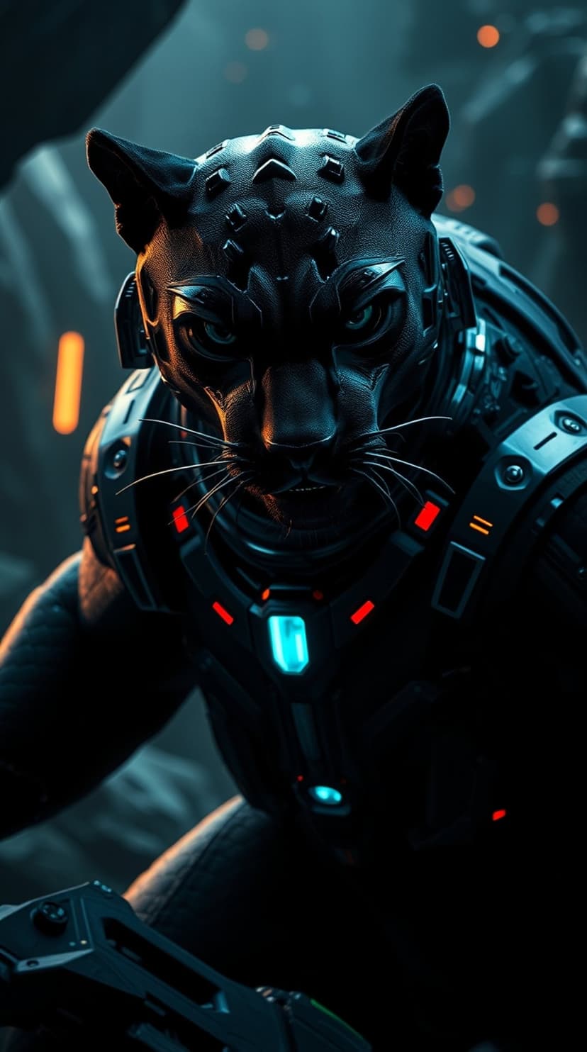Cybernetic black panther with glowing blue and red armor plating standing in a dark dystopian urban environment.