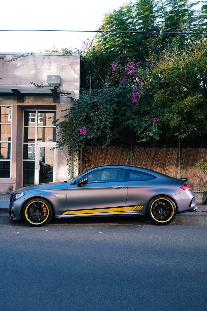 Silver Mercedes coupe with yellow stripes and rim accents parked on asphalt next to green garden foliage.