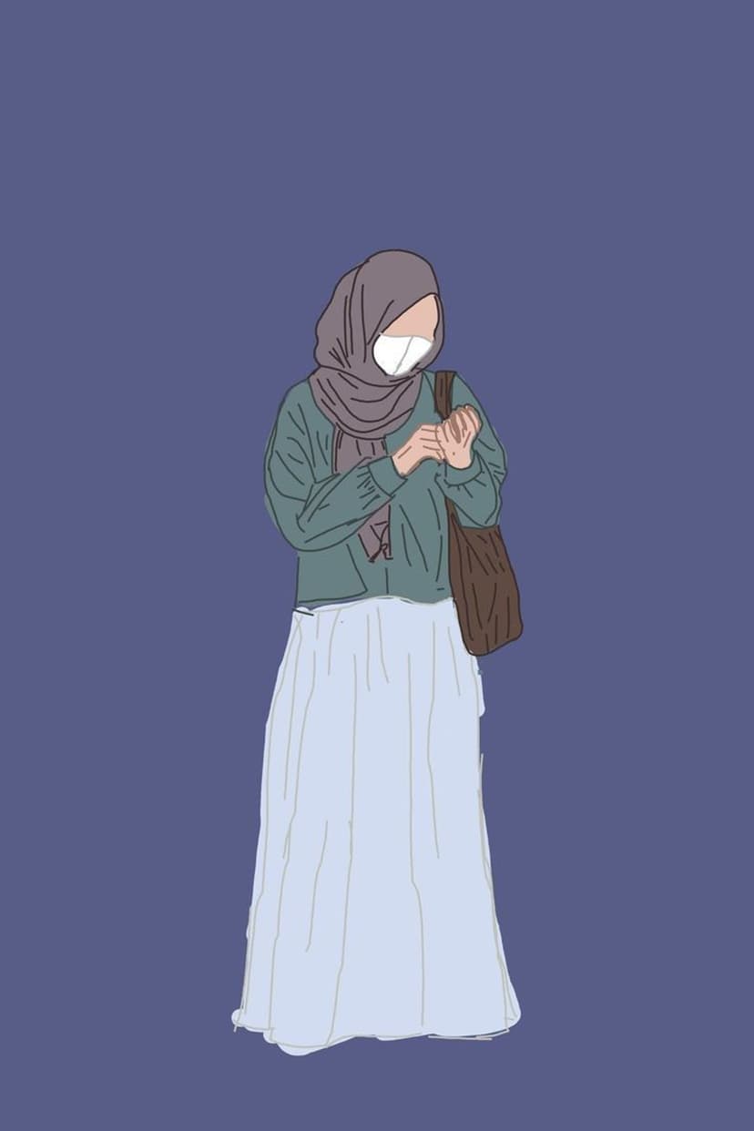 Woman wearing a gray hijab, teal top, and light blue skirt with a tote bag against a deep purple background.