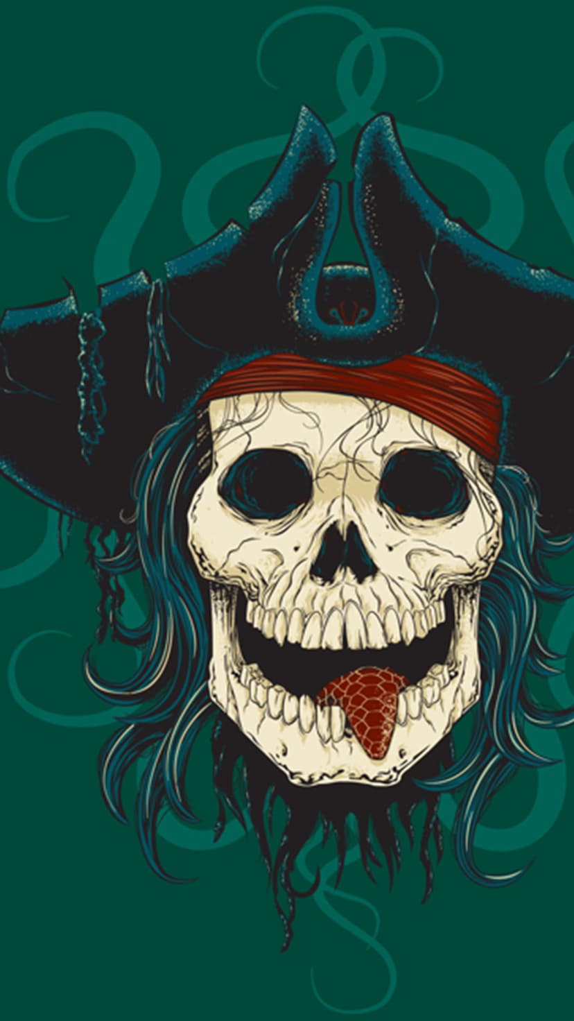 Pirate skull wearing a tricorn hat and red bandana with a snake tongue among swirling dark green tentacles.