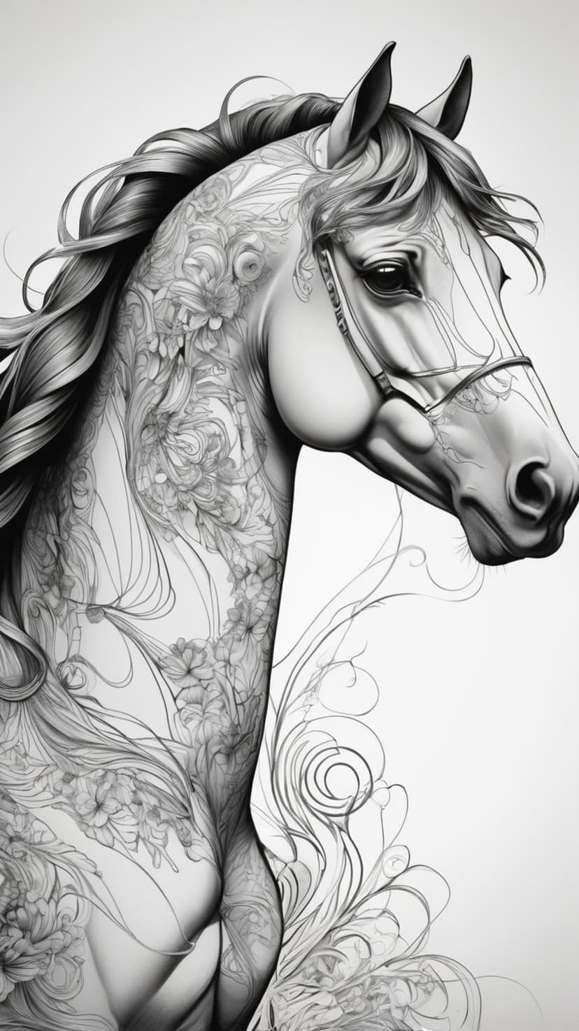 Horse head and neck with detailed filigree and flower patterns in a monochromatic tattoo style on a plain background.