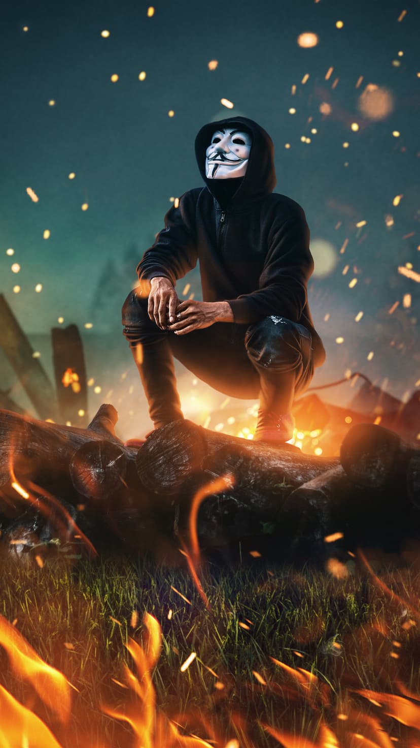 Masked figure in a Guy Fawkes disguise crouches on burning timber with bright orange sparks and dark smoke.