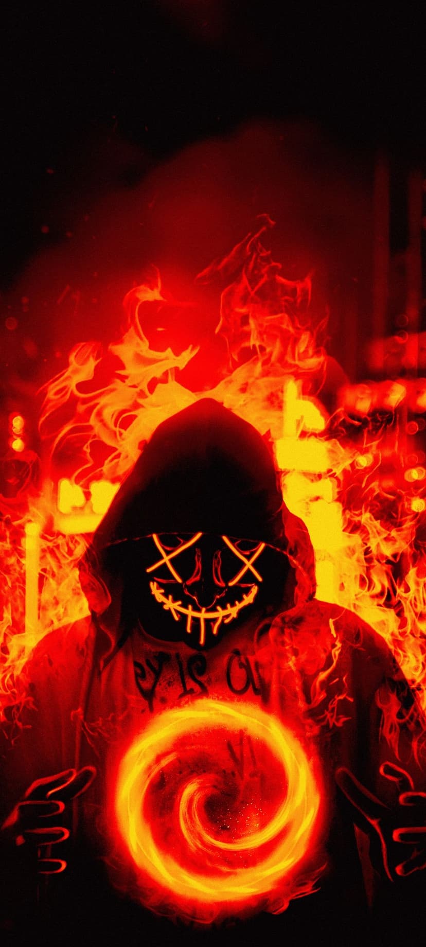 Hooded figure with a neon X-eye mask holds a glowing orange orb surrounded by intense red and yellow flames.