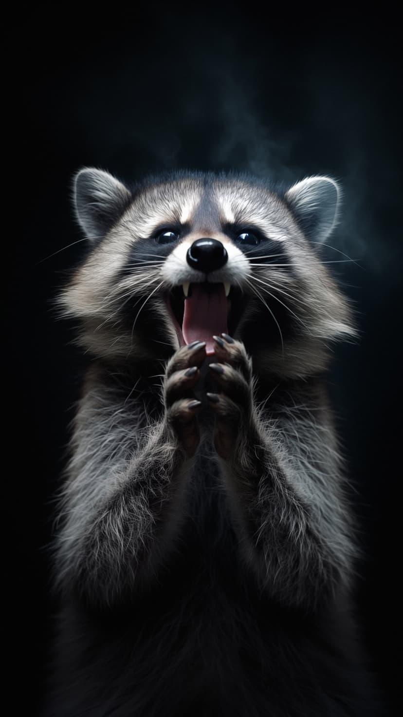 Snarling raccoon showing sharp teeth and curved claws while emerging from dark shadows with subtle grey smoke.