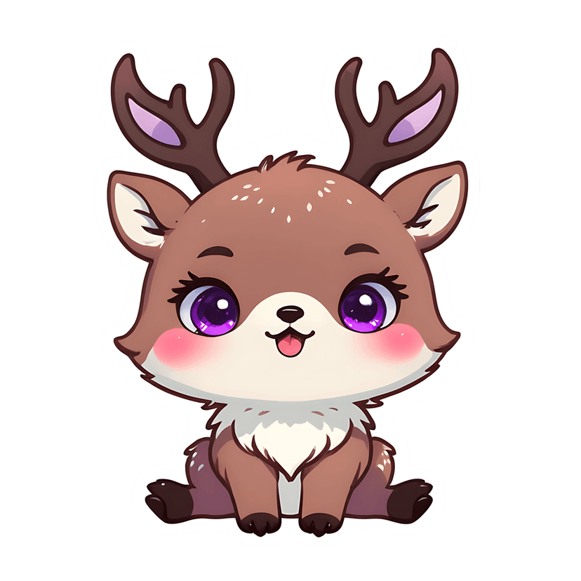Brown deer sticker illustration with large purple eyes, pink cheeks, and a fluffy chest in a sitting pose.