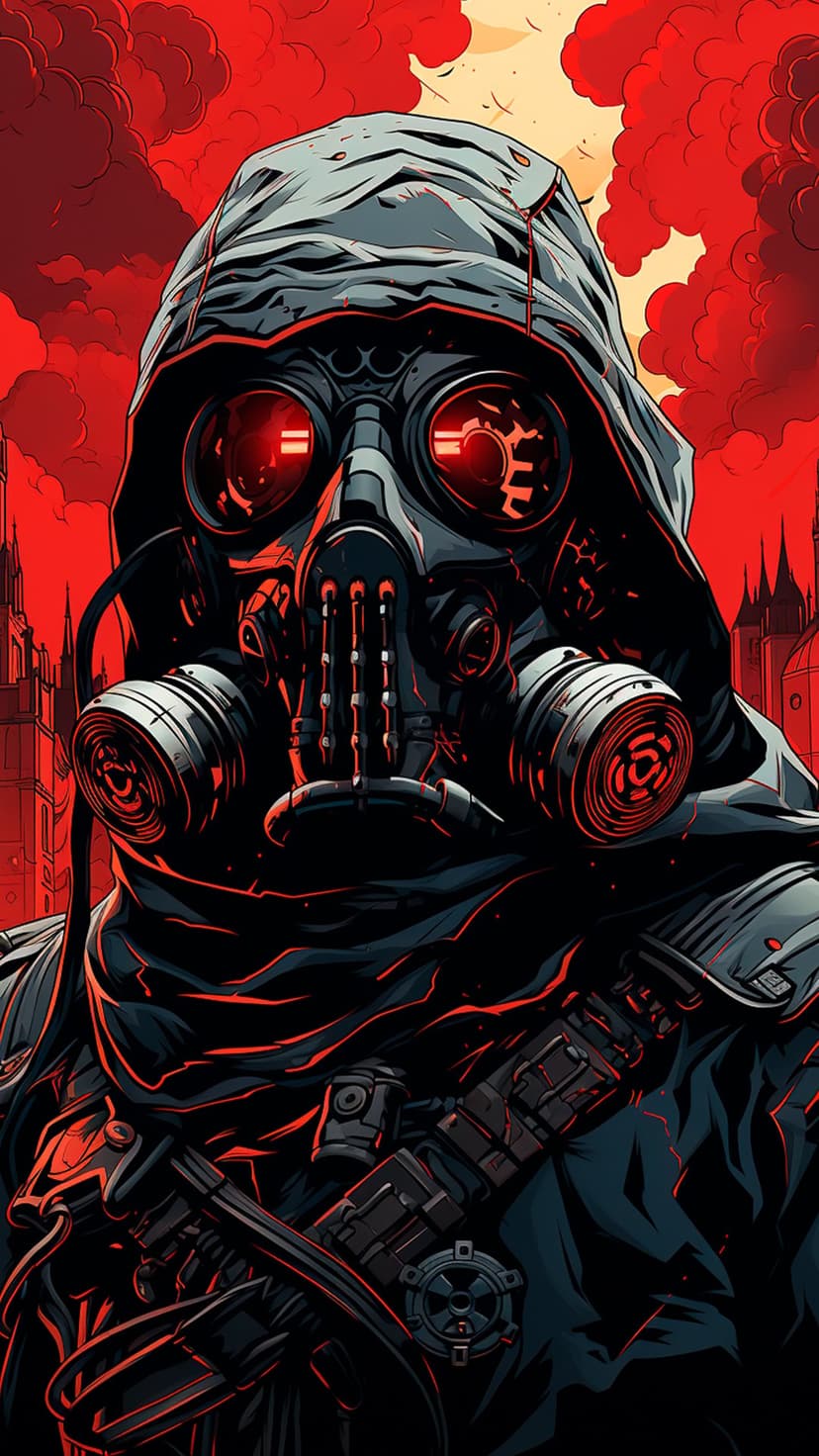 Hooded figure wearing a gas mask with glowing red lenses against a backdrop of gothic ruins and crimson clouds.