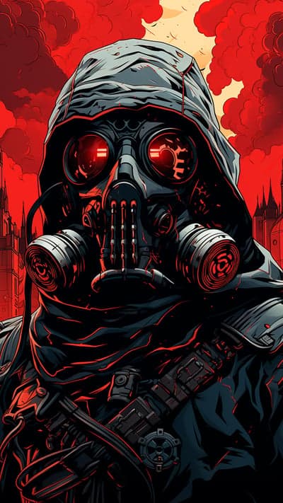 Post-apocalyptic figure in gas mask and hood