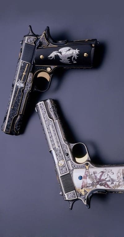 Ornately Engraved Colt 1911 Pistols with Dragon and Battle Scenes