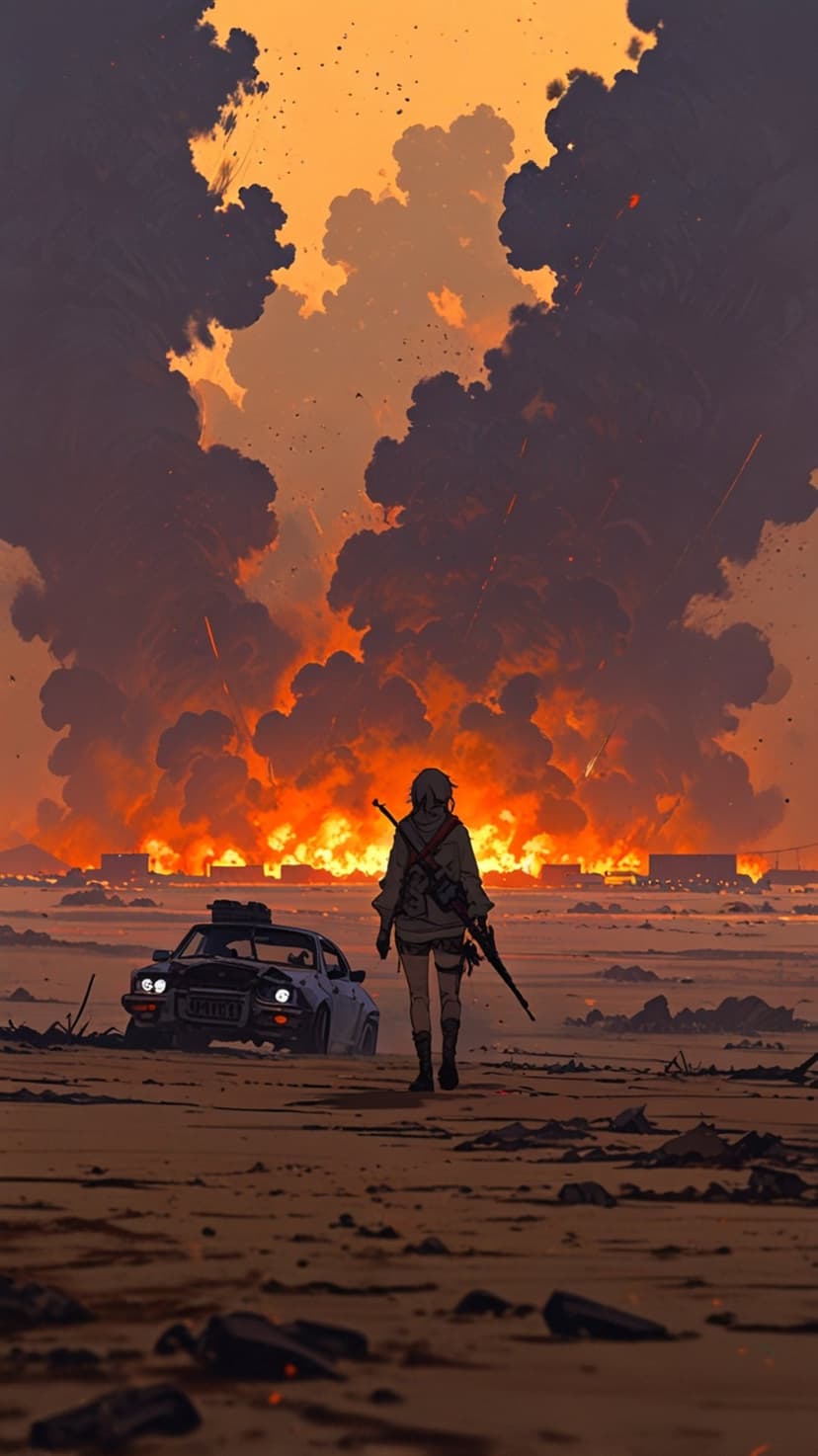 Lone survivor walking through a desert wasteland toward a burning city skyline under a dark smoke-filled sky.
