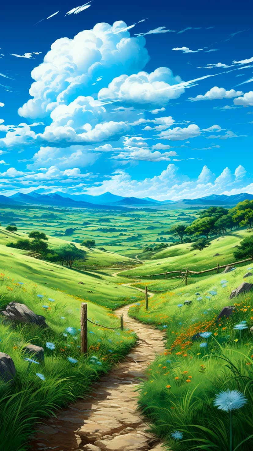 Winding dirt path through vibrant green rolling hills under a bright blue sky with fluffy white cumulus clouds.