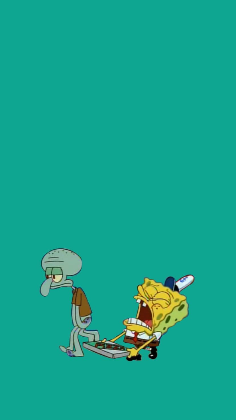 SpongeBob holds a pizza box with a distressed look next to a somber Squidward against a teal background.