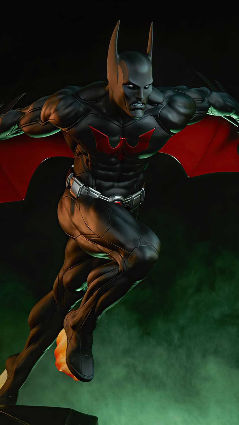 Batman Beyond in a matte black suit with a red bat logo lunges forward in a dynamic, high-detail action pose.