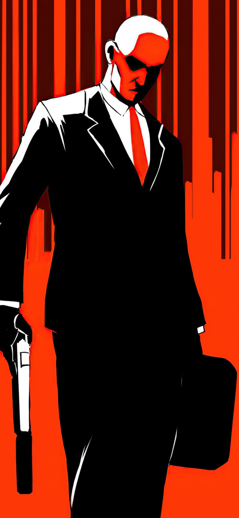 Bald assassin in a black suit holding a silenced pistol against a red and black vertical barcode background.