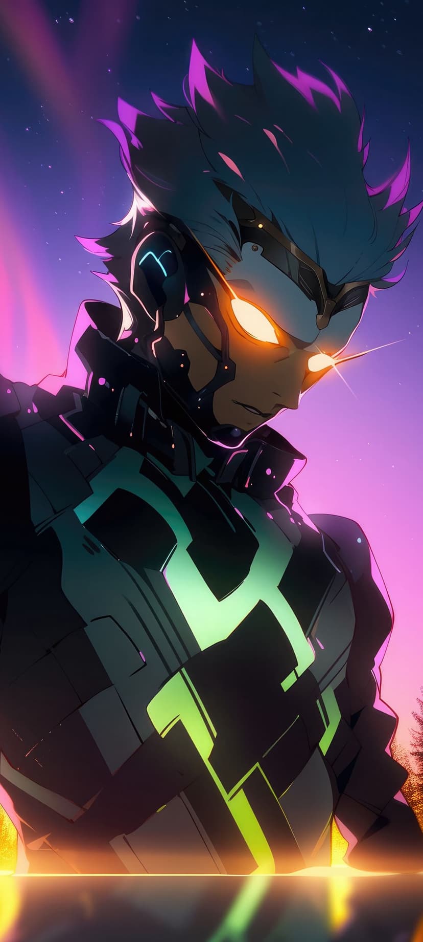 Cyberpunk warrior with glowing orange eyes and green neon armor stands against a purple and pink starry sky.