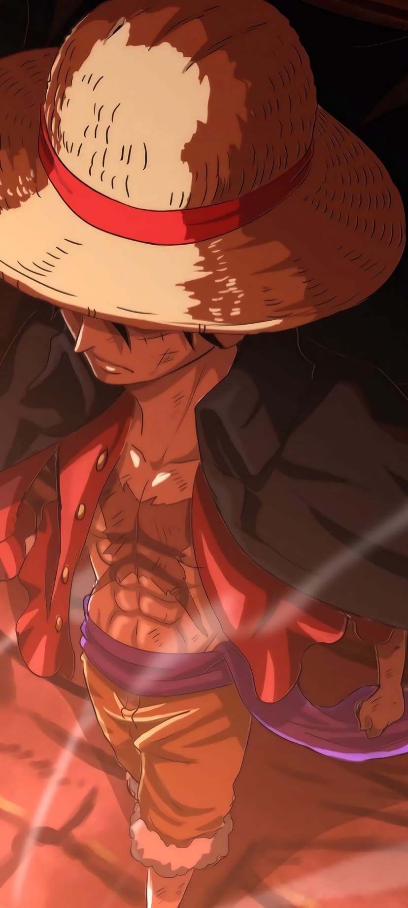 Monkey D. Luffy peers from beneath a straw hat shadow, showcasing a muscular torso, red shirt, and purple sash.