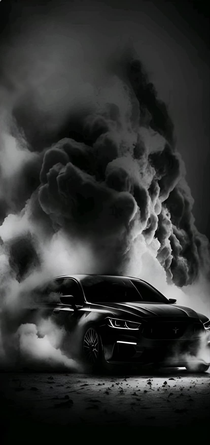 Ford Mustang drifting sideways through thick dark smoke with glowing headlights in a high-contrast black and white shot.