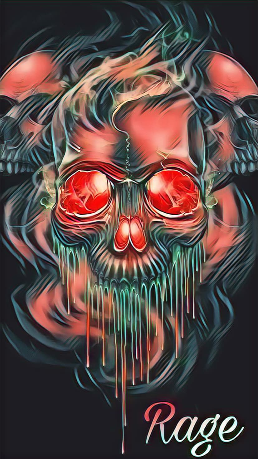 Skeletal heads with vibrant green and orange paint drips above the word rage on a dark red background.