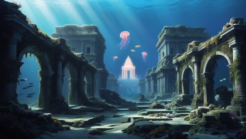 Ancient stone arches and a glowing pyramid stand on the ocean floor as jellyfish float through blue water.