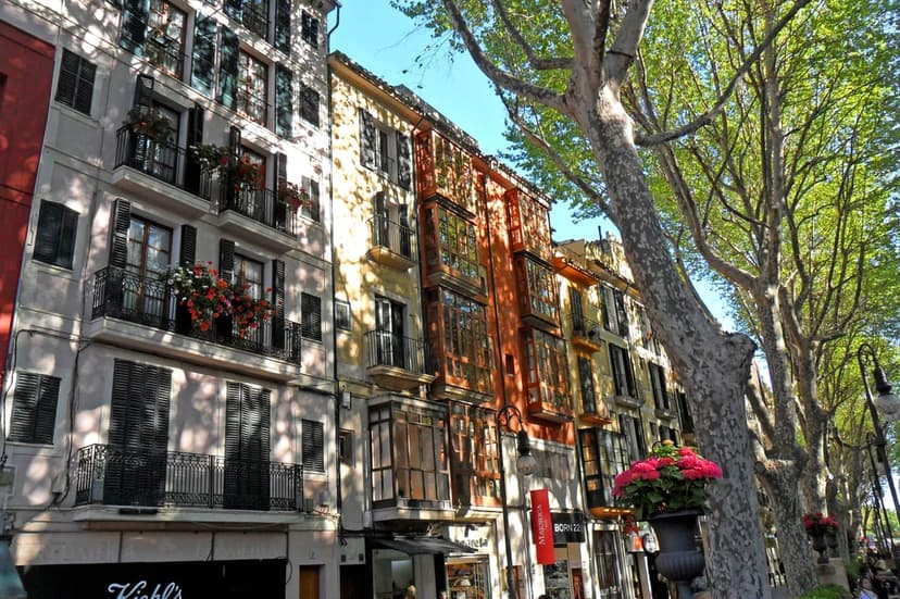 Colorful European buildings with flower-filled balconies stand beside tall green trees on a sunny street.