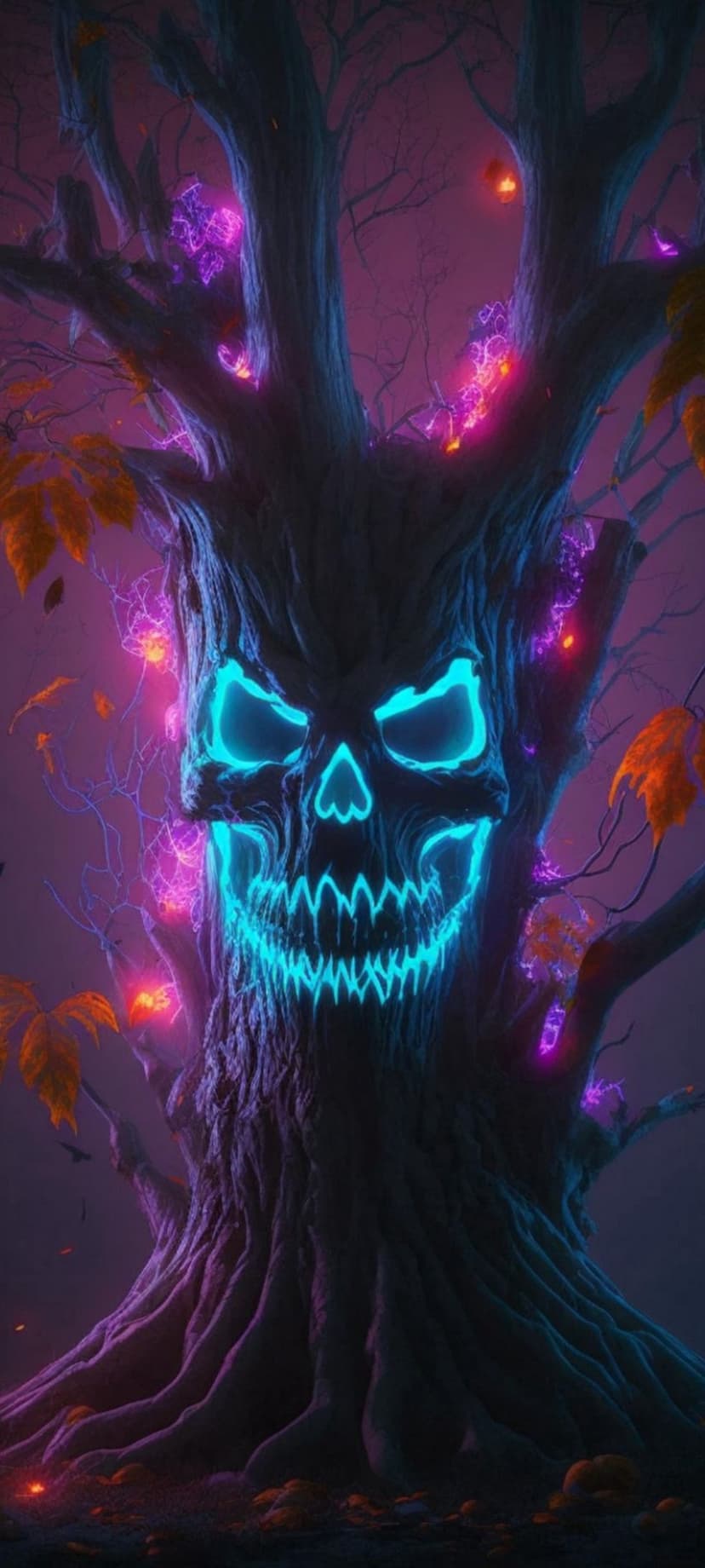 Skull-shaped tree trunk glowing with blue neon eyes amidst orange autumn leaves and purple forest light.