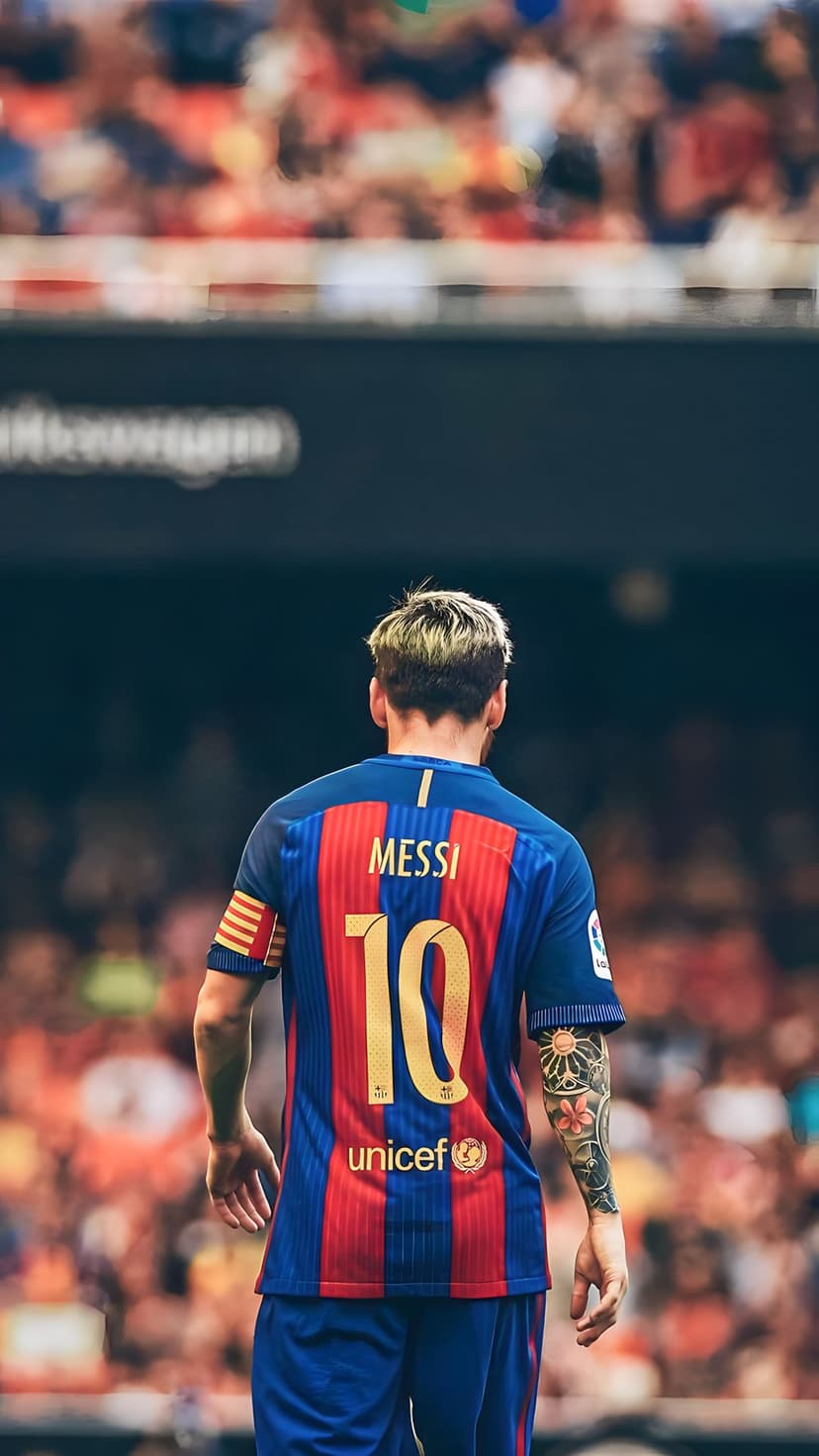 Lionel Messi stands in a Barcelona jersey showing his number ten and name from behind on a blurred football pitch.