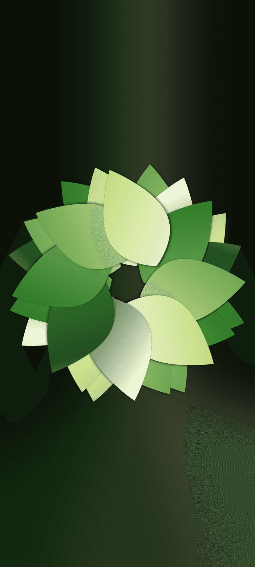 Circular wreath of layered green leaves with soft gradients centered on a dark vertical background for mobile.