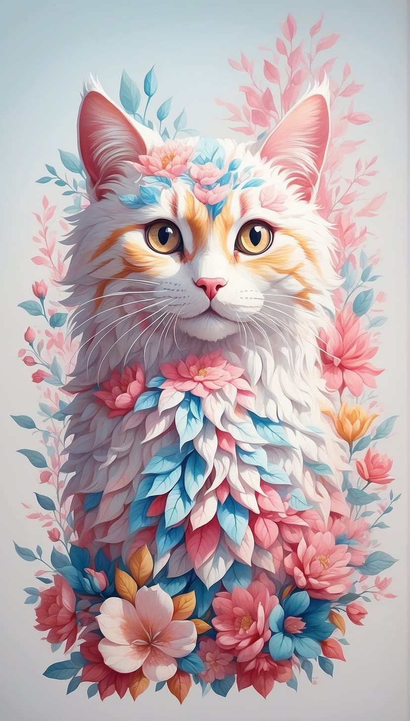 White and orange cat with golden eyes peers through pink and blue flowers against a soft pastel background.