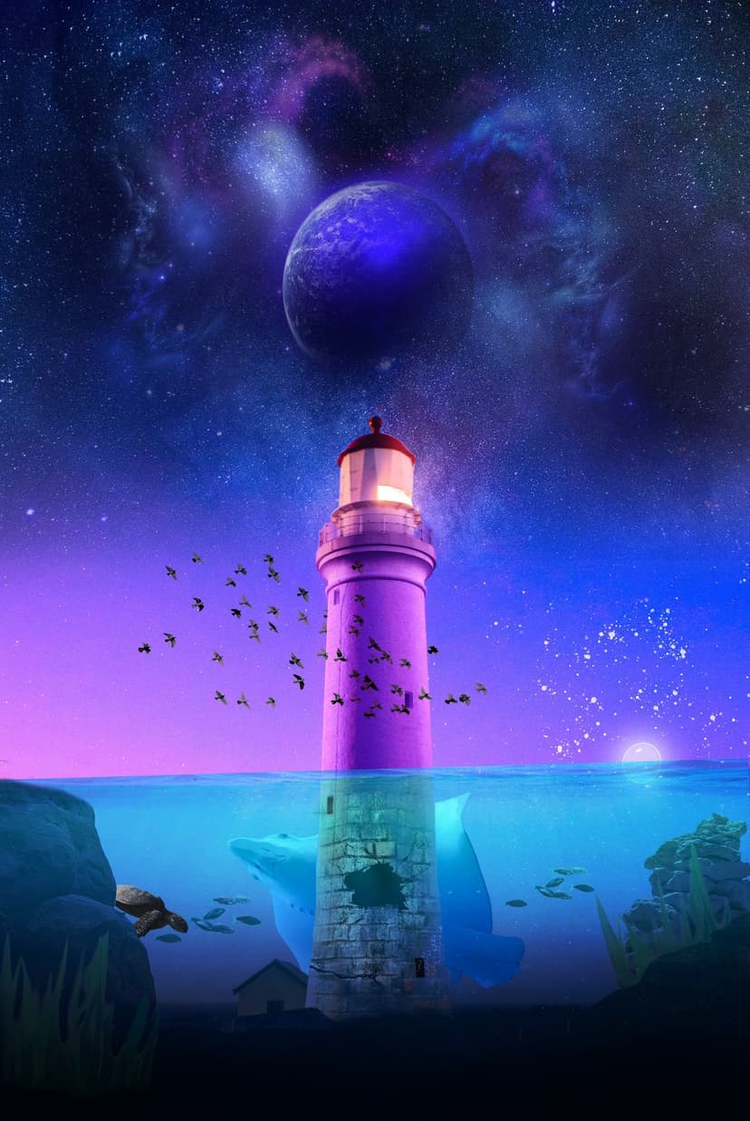 Purple lighthouse surrounded by birds above a swimming whale and sea turtle in a starry cosmic ocean scene.