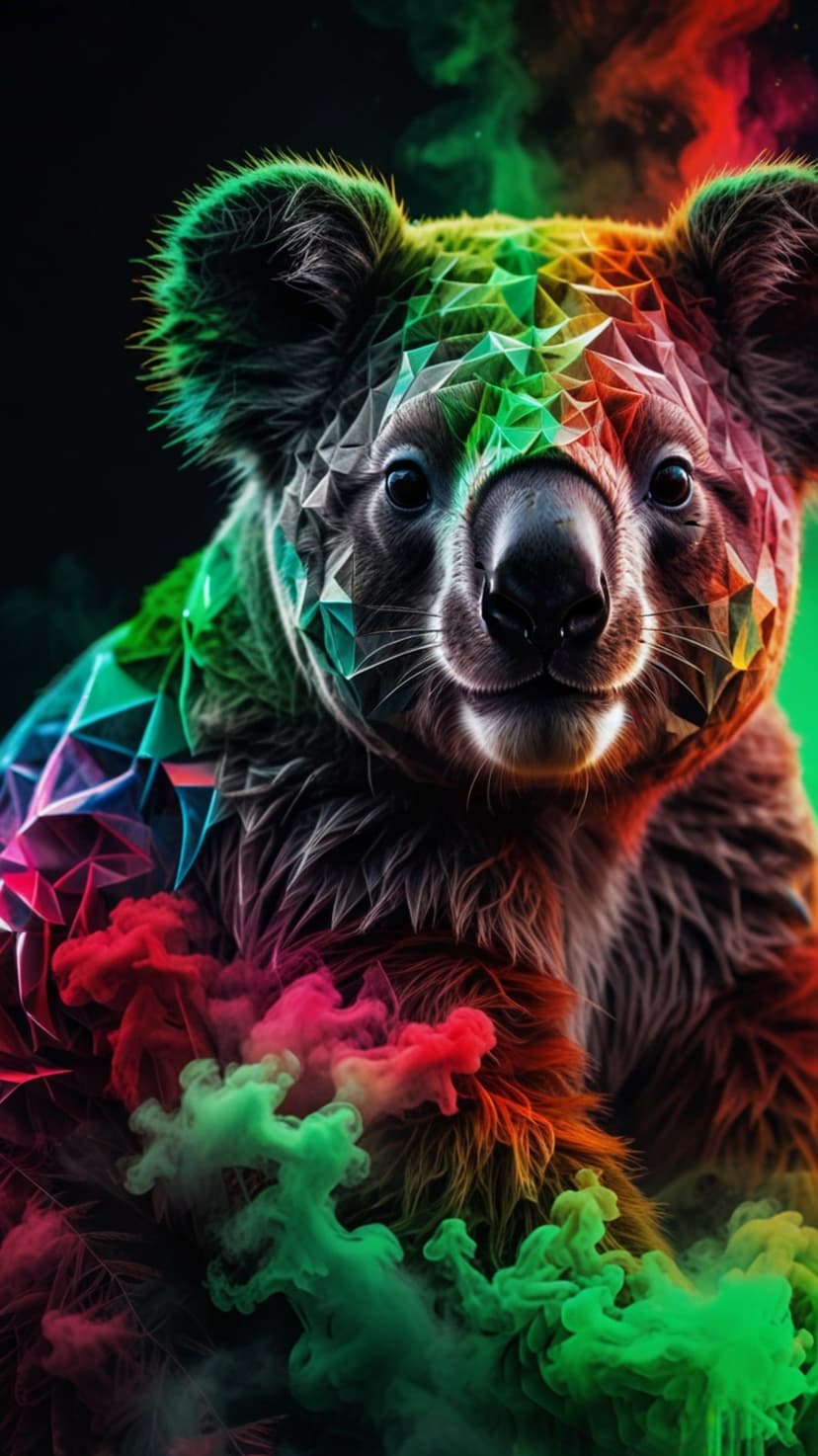 Koala head with rainbow geometric facets emerges from thick plumes of glowing red, green, and blue neon smoke.