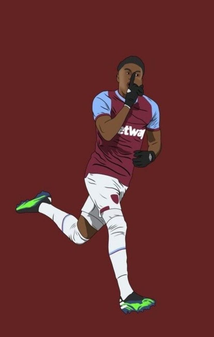 Male soccer player in a claret and blue kit runs forward with a finger to his lips against a dark red background.