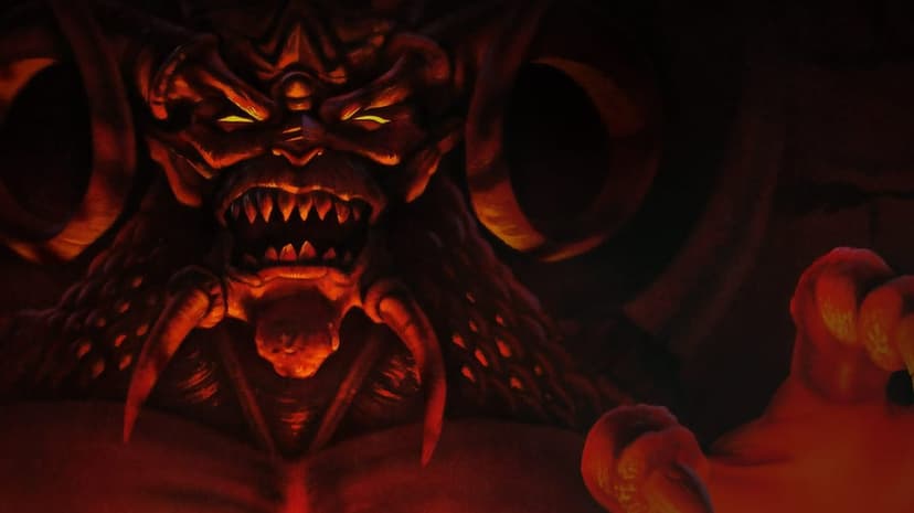 Demonic face of Diablo with glowing yellow eyes, sharp teeth, and large horns in a dark red fiery atmosphere.