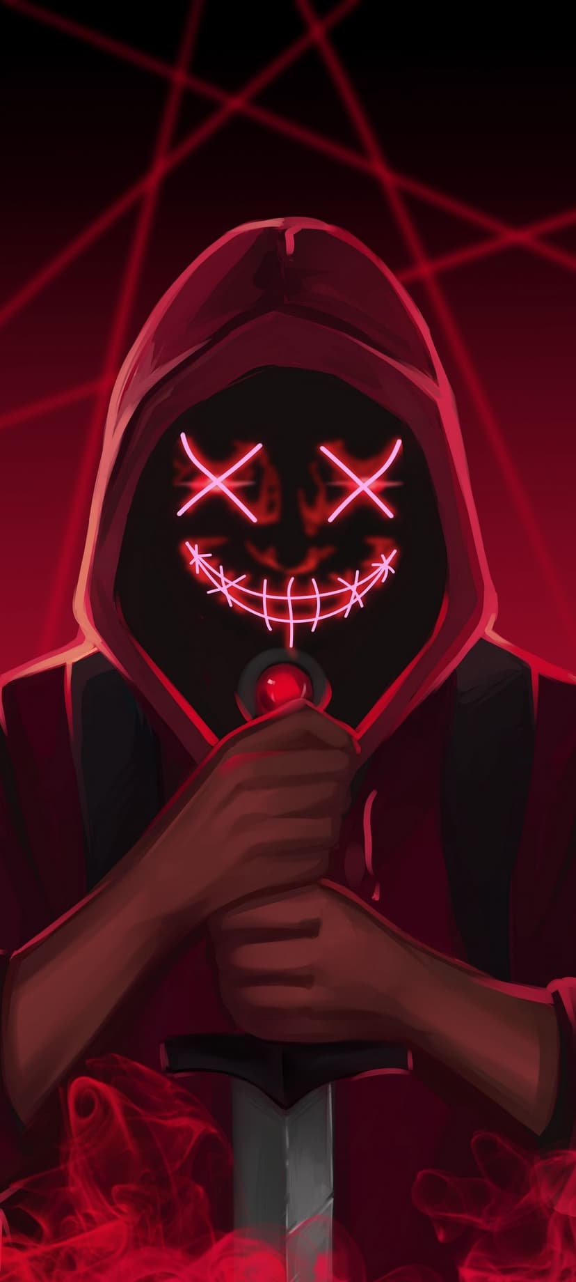 Masked figure with glowing red X eyes holds a sword against a backdrop of smoky red tendrils and dark mist.