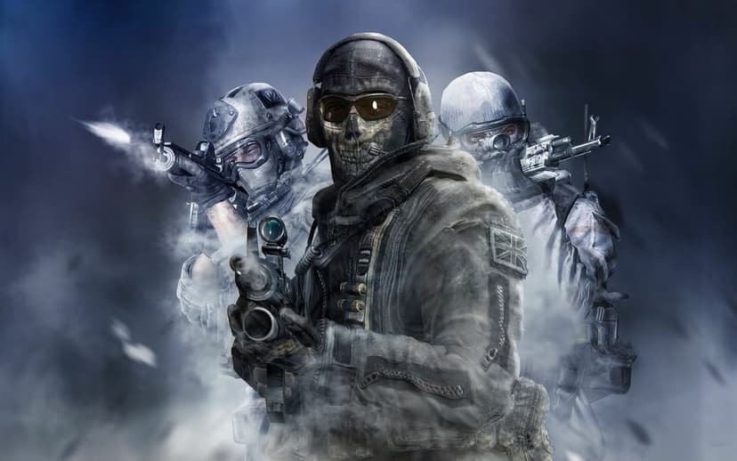 Soldiers in tactical winter gear with a skull-masked leader emerge from thick smoke and falling snow.