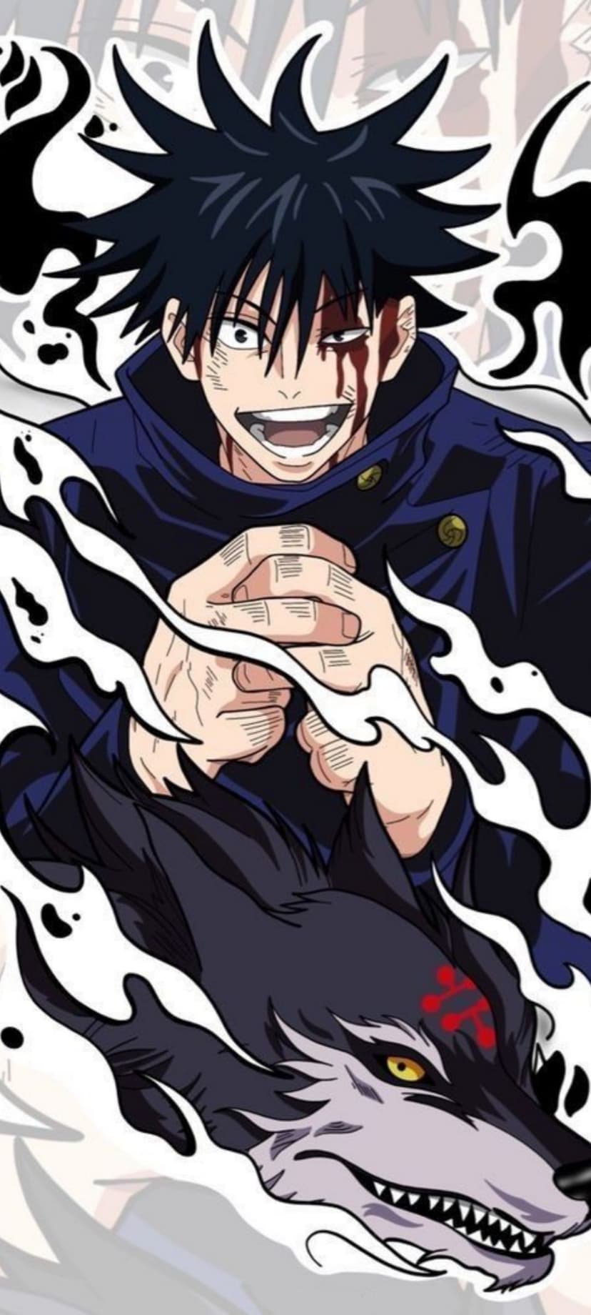 Megumi Fushiguro with a bloodied face clasps his hands as a snarling black wolf head emerges from thick smoke.