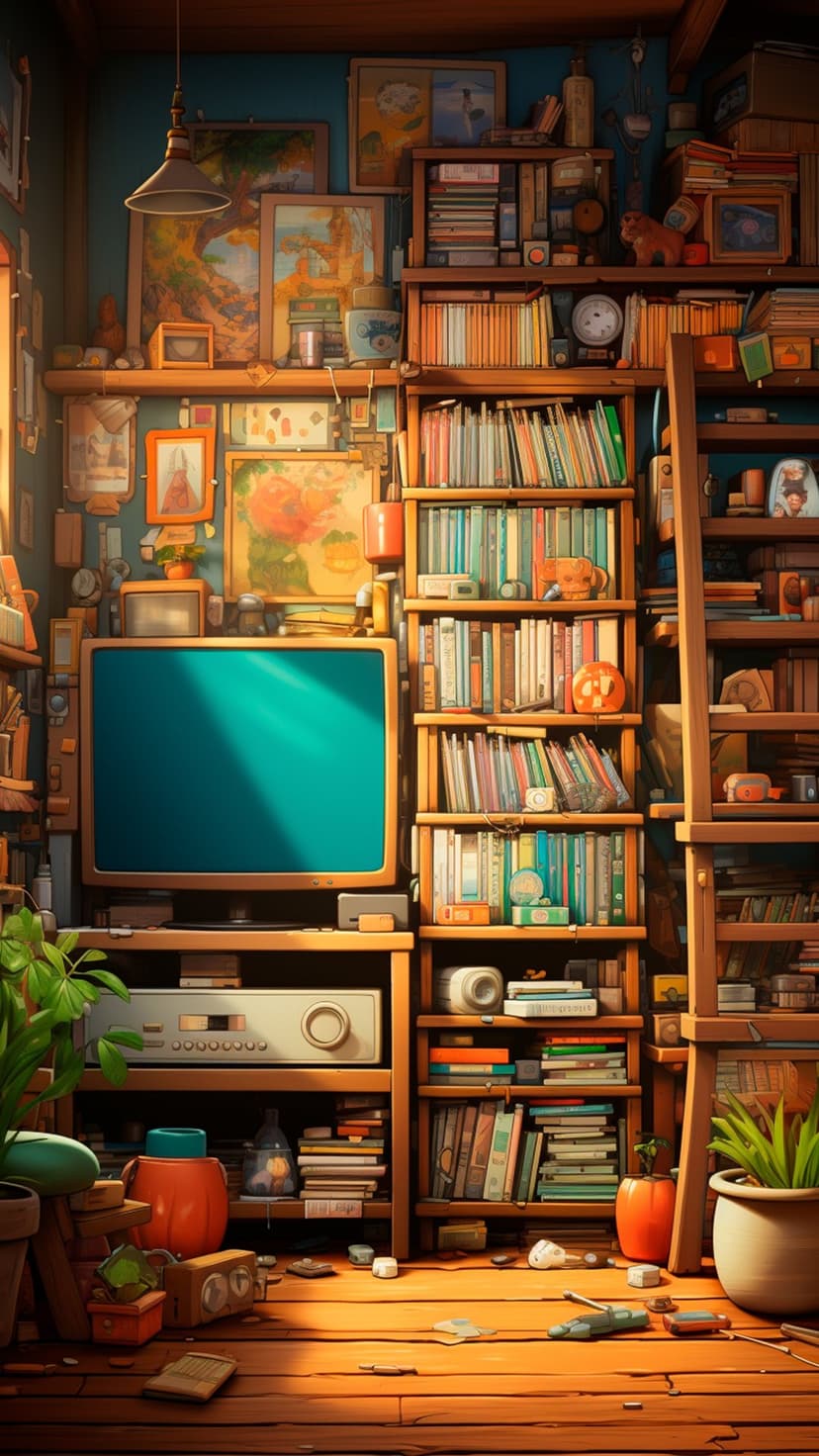 Overstuffed wooden bookshelves flank a retro television set and framed artwork on a warm, rustic study wall.
