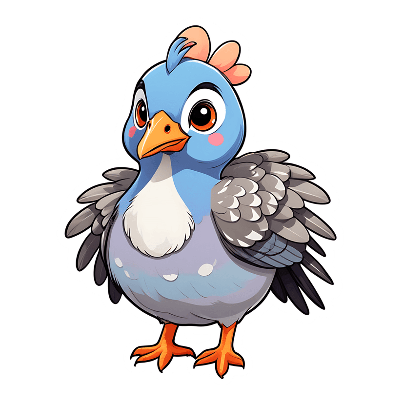 Blue pigeon sticker with glossy eyes and orange feet features a clean white outline on a transparent background.