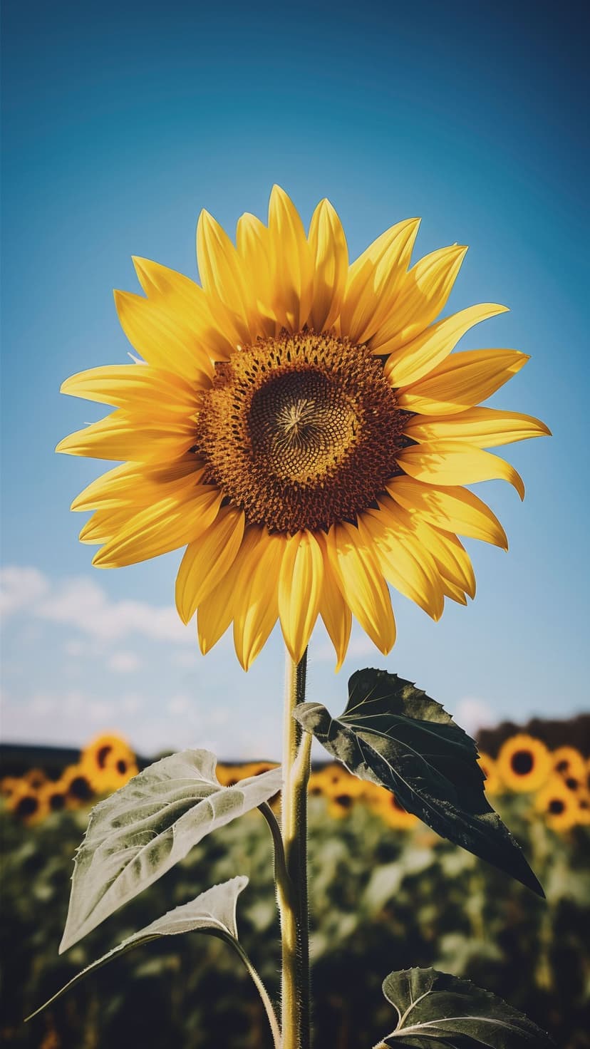 Yellow sunflower head fills the frame against a bright blue sky with soft bokeh of a summer meadow behind it.