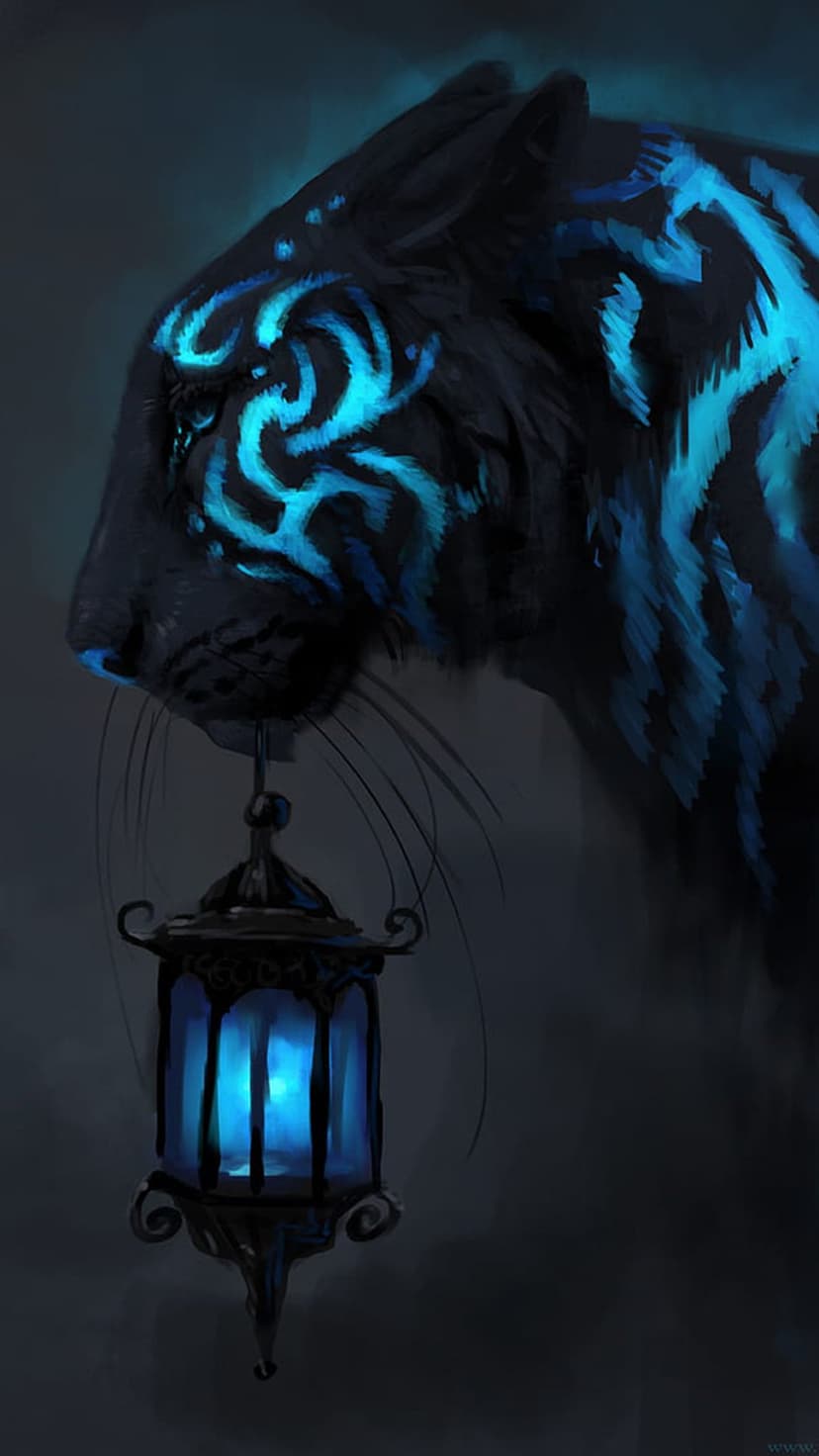 Black tiger with glowing blue tribal patterns carrying a lit lantern in its mouth against a dark background.
