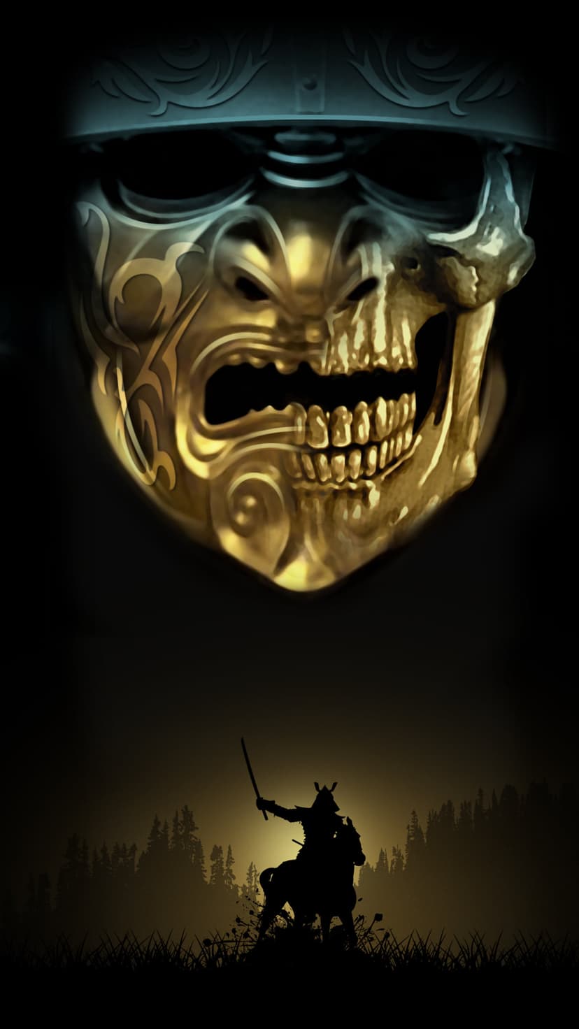 Golden Oni mask floats above a dark silhouette of a samurai on horseback within a misty, dark forest scene.