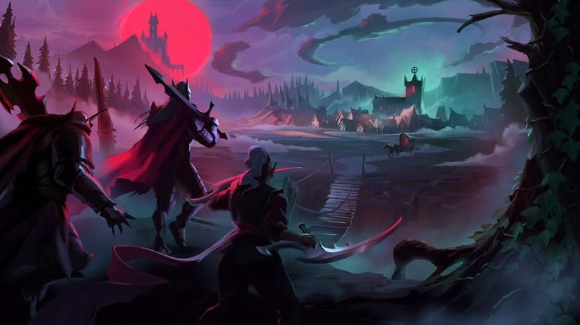 Three armed warriors on a cliff overlook a misty village under a red blood moon and glowing teal tower light.